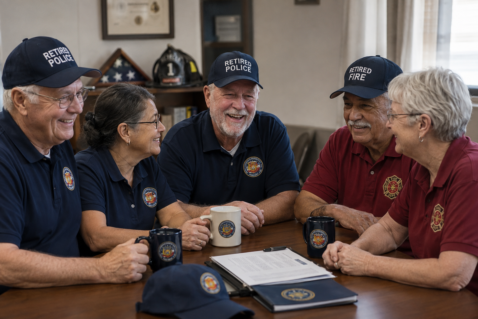 AI-generated scene of retired police officers and firefighters sharing a conversation in navy and red association clothing