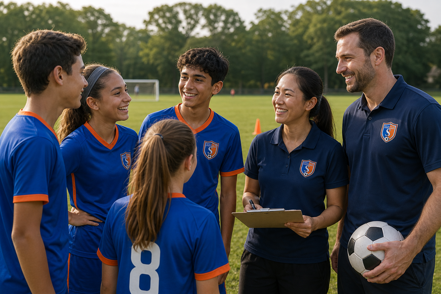 AI-generated scene of youth soccer players and two club volunteers wearing Springfield-inspired blue and orange kits with shield crests