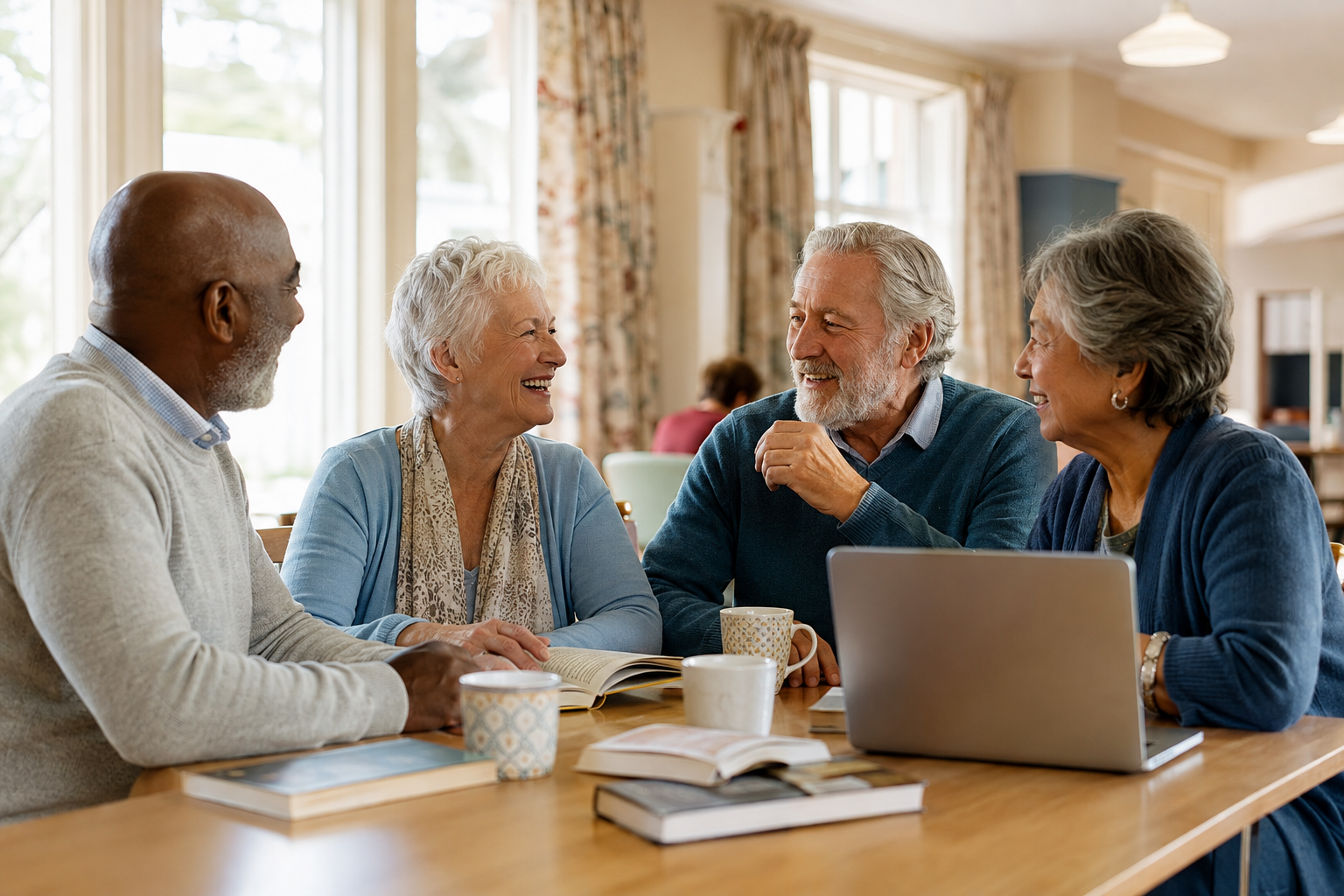 Club members sharing a conversation over tea in a community hall