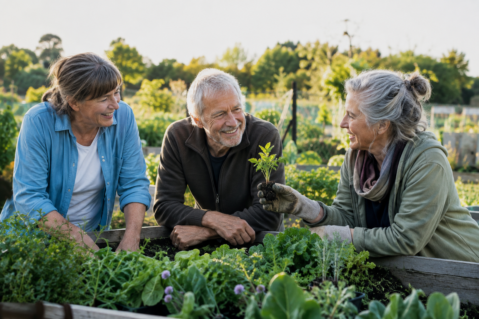 Three older gardening club members sharing a seedling at a community garden